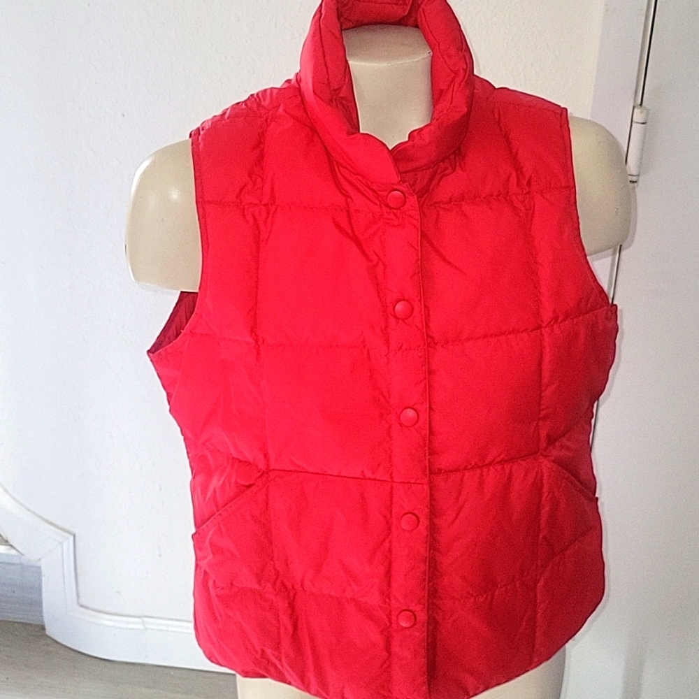 Lands End Red Goose Down Puffer Vest Quilted Snap Front Womens Small 6-8
